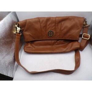Tory Burch Tan Leather Foldover Crossbody Bag Gold Logo Pleated Messenger READ